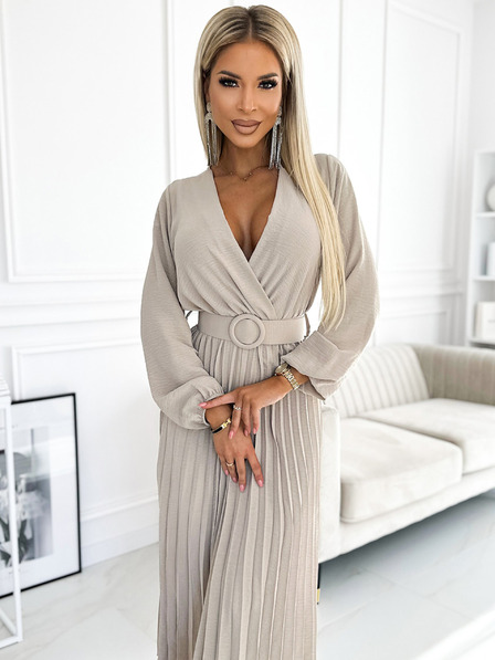 numoco VIVIANA Плисирана миди рокля със сърцевидно деколте, дълги ръкави и широк колан - бежова Numoco