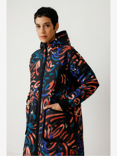 SKFK Синьо и оранжево дамско зимно палто с шарка SKFK