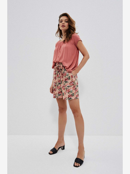 Moodo Бежови дамски къси панталони с флорални мотиви Moodo