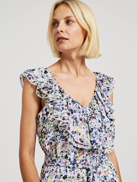 Moodo Синя рокля на цветя с волан на деколтето Moodo