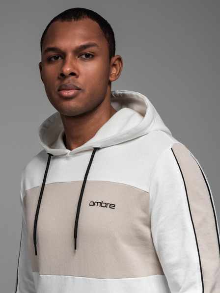 Ombre Clothing Мъжки памучен суитшърт с качулка и контрастни детайли - бял