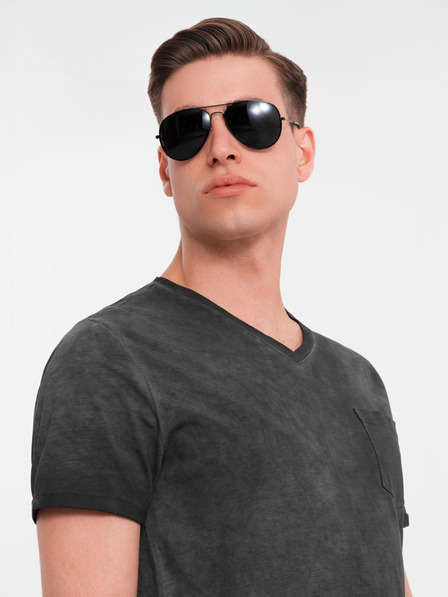 Ombre Clothing Мъжка памучна тениска с V-образно деколте и изтрит ефект - черна