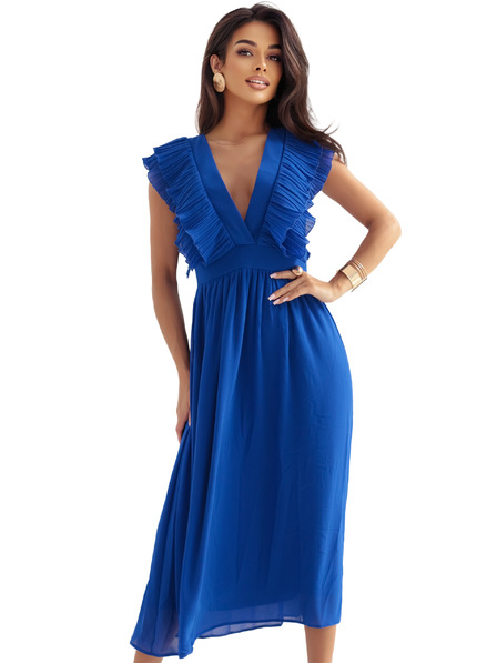 numoco Миди рокля YANA с плисирани волани и деколте - тъмносиня