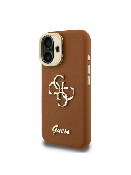 Guess Guess PU зърнест 4G лого стойка Camera Frame заден калъф за iPhone 16 кафяв