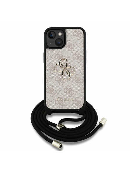 Guess Guess PU 4G Метален лого Crossbody Каишка Заден капак за iPhone 15 Розов