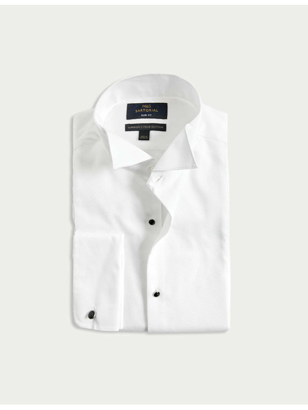 Marks & Spencer Рокля-риза с тесен силует от луксозен памук с двойна маншета Marks & Spencer бяла