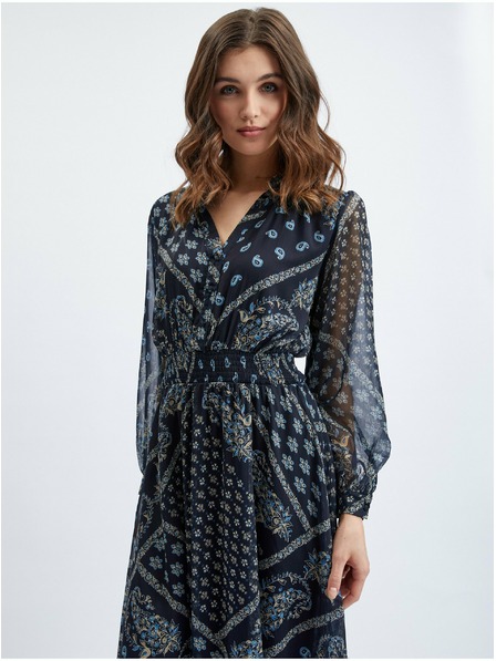 Orsay Тъмносиня дамска миди рокля с десен ORSAY