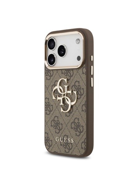 Guess Guess PU Leather 4G Metal Logo Gold Frame Заден калъф за iPhone 17 Pro Max Brown