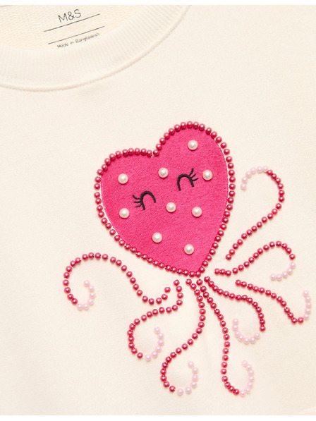 Marks & Spencer Суитшърт с висок процент памук Heart Squid (4–10 години) Marks & Spencer кремава