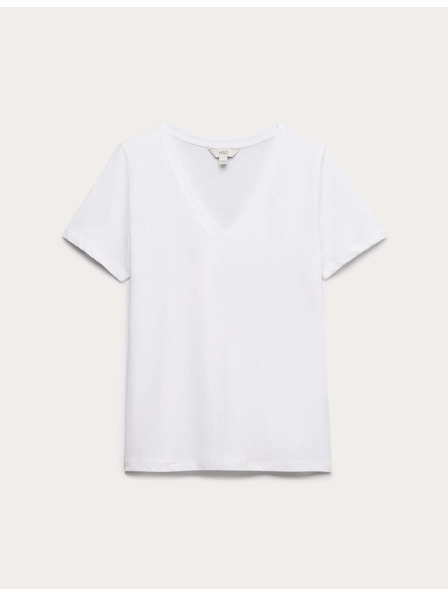 Marks & Spencer Тениска от чиста памучна материя с V-образно деколте Marks & Spencer бяло