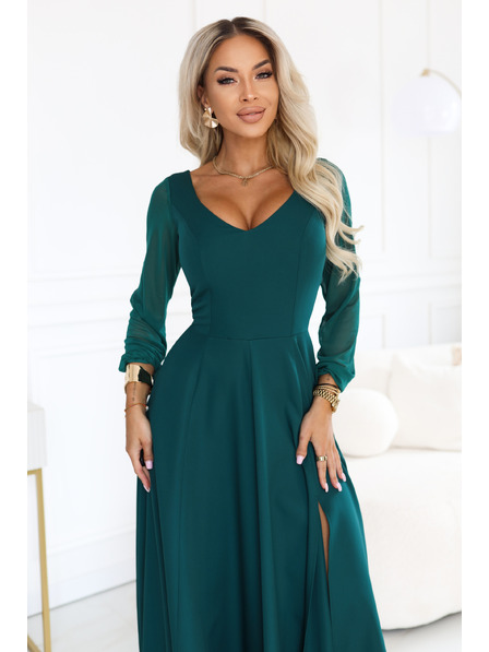 numoco LORETTA Изключителна дълга рокля с тюлени ръкави и деколте - зелена