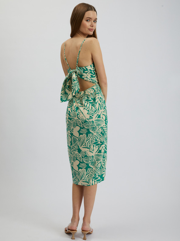 Orsay Кремаво-зелена дамска щампована ленена миди рокля ORSAY