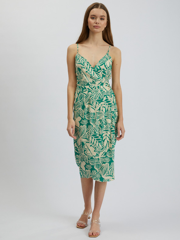 Orsay Кремаво-зелена дамска щампована ленена миди рокля ORSAY