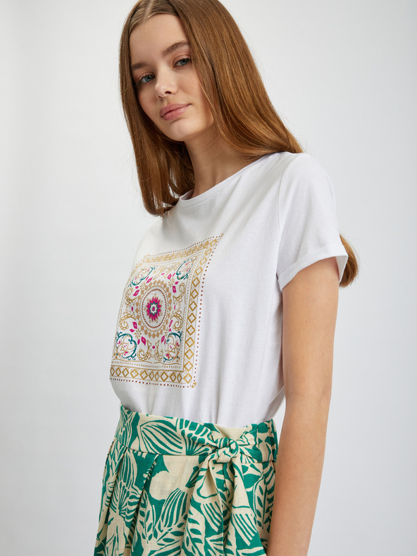 Orsay Кремавозелена дамска миди пола с десен и примеси от лен ORSAY