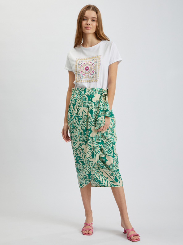 Orsay Кремавозелена дамска миди пола с десен и примеси от лен ORSAY