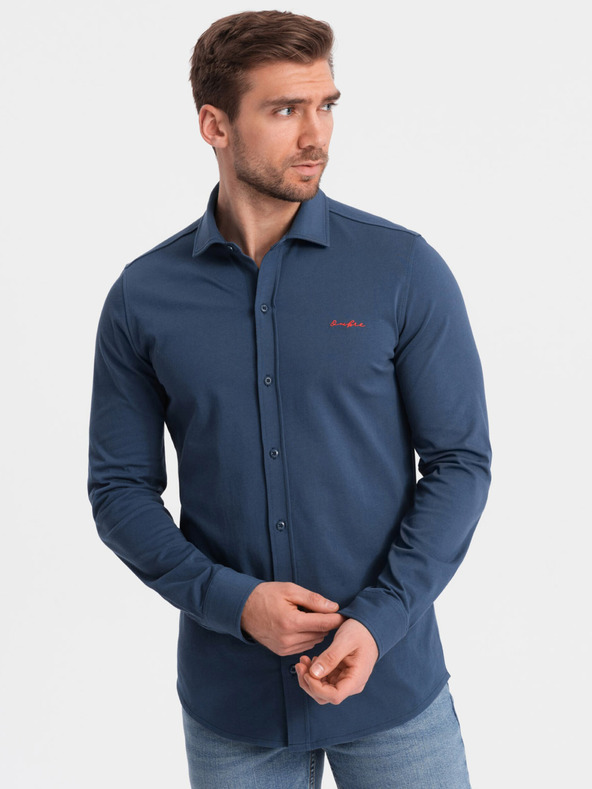 Ombre Clothing Синя мъжка риза от жарсе Ombre Clothing