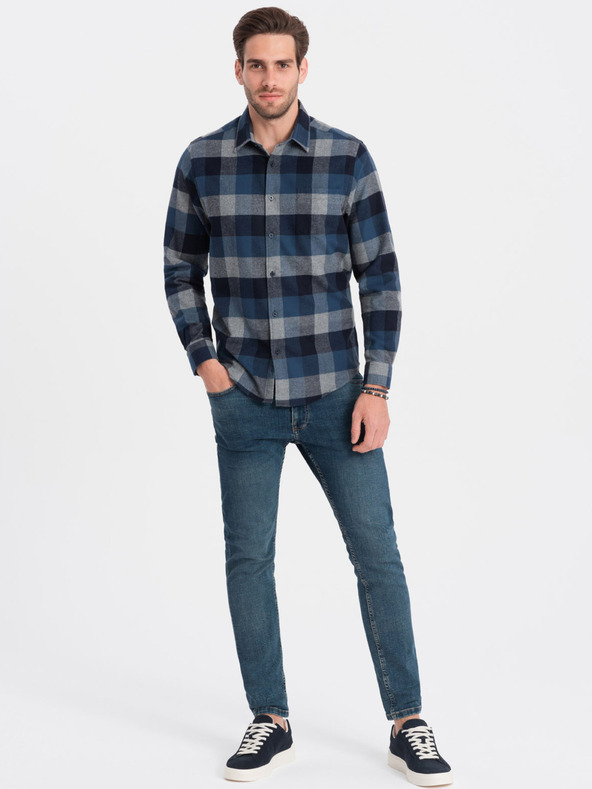 Ombre Clothing Синя мъжка карирана фланелена риза Ombre Clothing