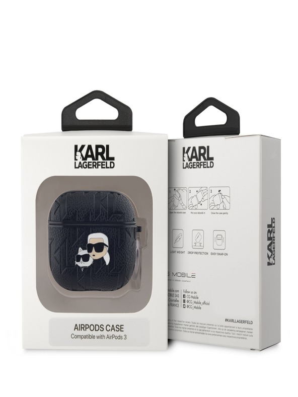 Karl Lagerfeld Карл Лагерфелд PU релефен калъф с глави на Карл и Шупет за AirPods 3 черен