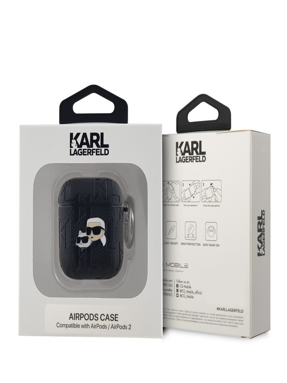 Karl Lagerfeld Karl Lagerfeld PU релефен калъф с глави на Карл и Шупет за AirPods 1/2 Black