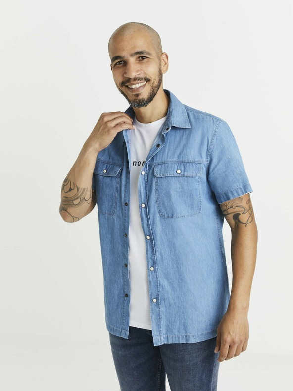 Celio Синя мъжка риза от деним с джобове Celio