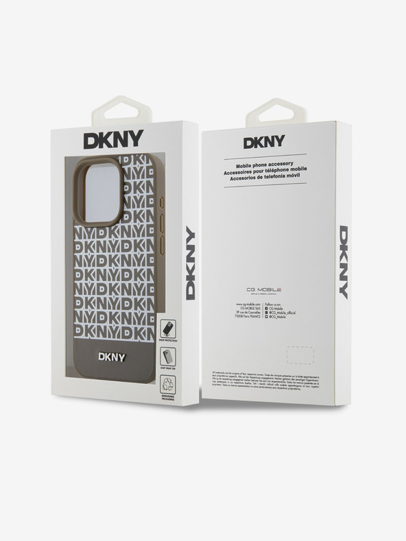 DKNY PU кожа Повтарящ се модел на дъното Stripe MagSafe заден капак за iPhone 15 Pro Max Brown DKNY