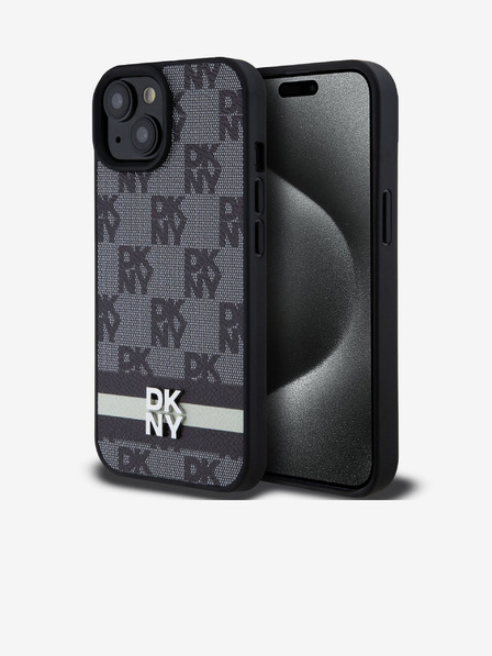 DKNY Заден капак от карирана кожа с шарка и райе за iPhone 15 черен DKNY