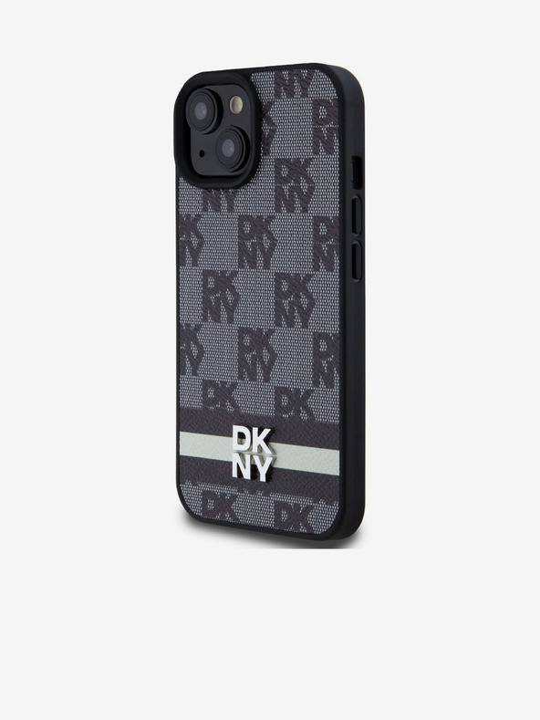 DKNY Заден капак от карирана кожа с шарка и райе за iPhone 15 черен DKNY