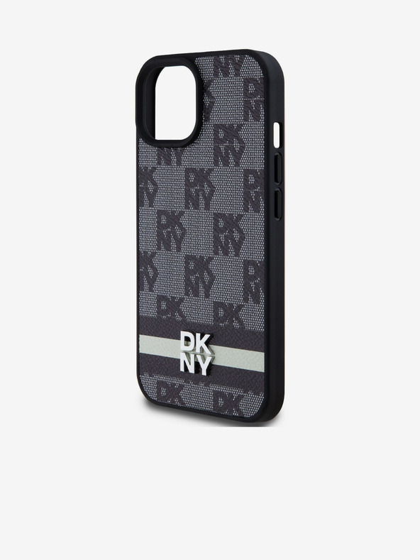 DKNY Заден капак от карирана кожа с шарка и райе за iPhone 15 черен DKNY