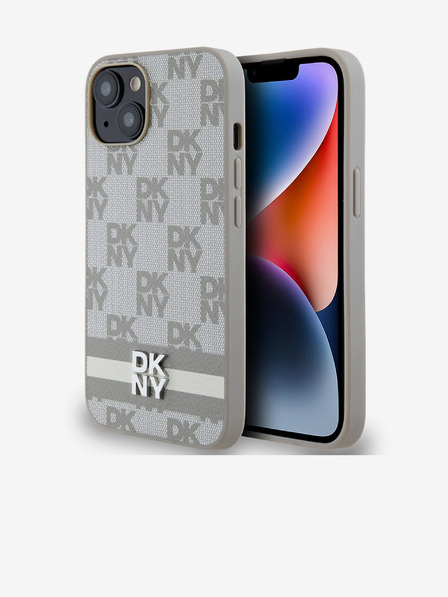 DKNY Заден капак от карирана кожа с шарка и райе за iPhone 14 Beige DKNY