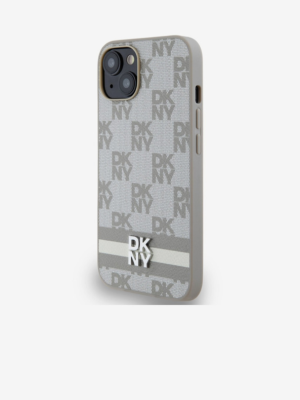 DKNY Заден капак от карирана кожа с шарка и райе за iPhone 14 Beige DKNY