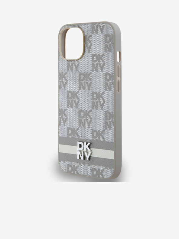 DKNY Заден капак от карирана кожа с шарка и райе за iPhone 14 Beige DKNY