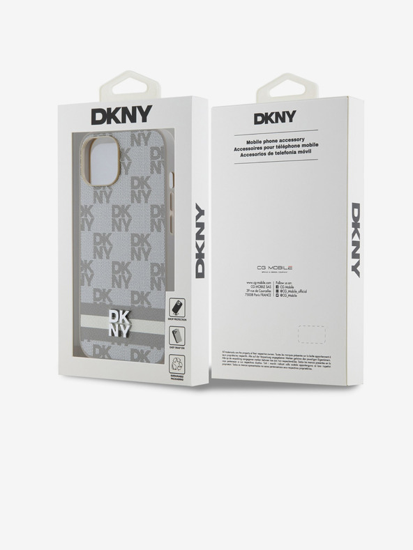 DKNY Заден капак от карирана кожа с шарка и райе за iPhone 14 Beige DKNY