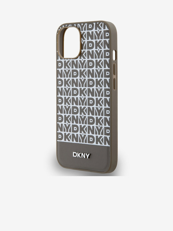 DKNY PU кожа Повтарящ се модел на дъното Stripe MagSafe заден капак за iPhone 14 Brown DKNY
