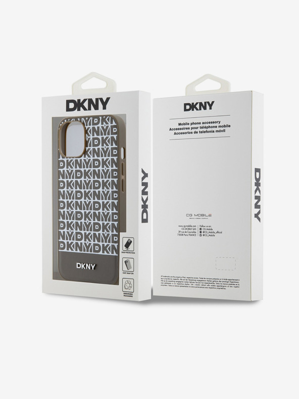 DKNY PU кожа Повтарящ се модел на дъното Stripe MagSafe заден капак за iPhone 14 Brown DKNY
