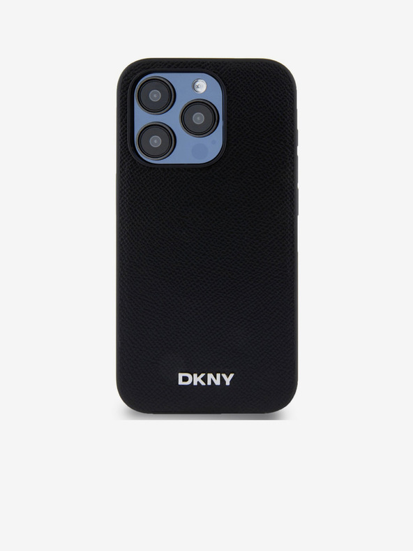 DKNY Заден капак от полиуретанова кожа Silver Metal Logo Magsafe за iPhone 15 Pro Black DKNY