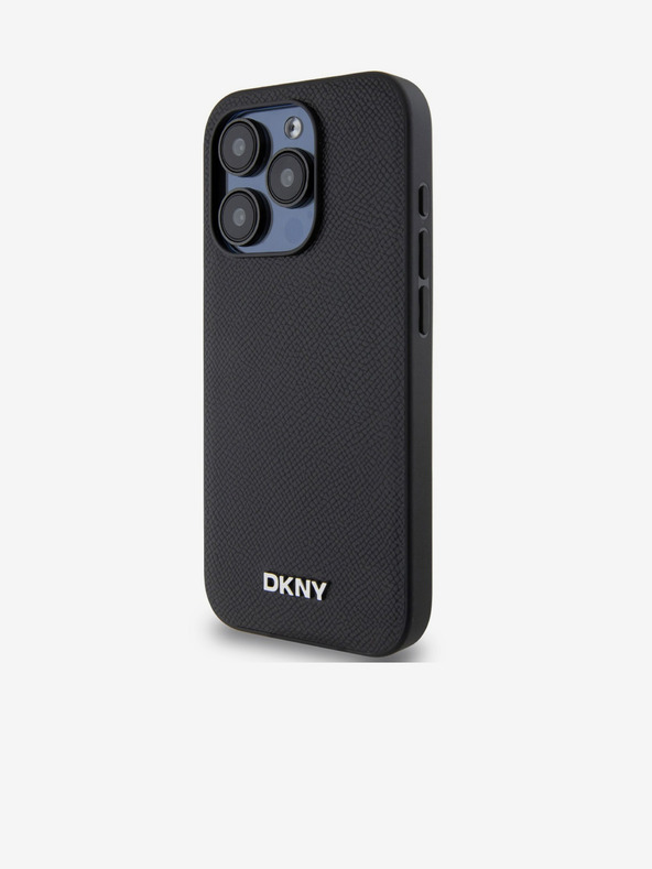 DKNY Заден капак от полиуретанова кожа Silver Metal Logo Magsafe за iPhone 15 Pro Black DKNY