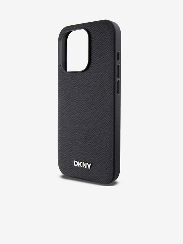 DKNY Заден капак от полиуретанова кожа Silver Metal Logo Magsafe за iPhone 15 Pro Black DKNY