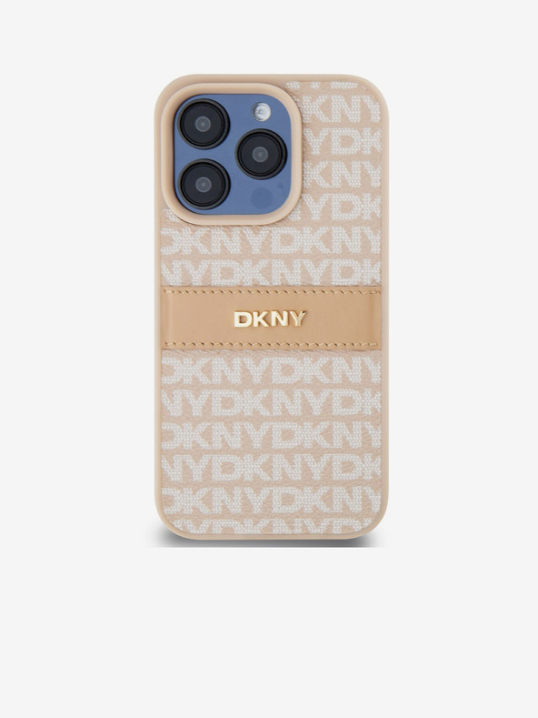 DKNY PU Кожен заден капак с повтарящ се десен на ивици за iPhone 15 Pro Pink DKNY