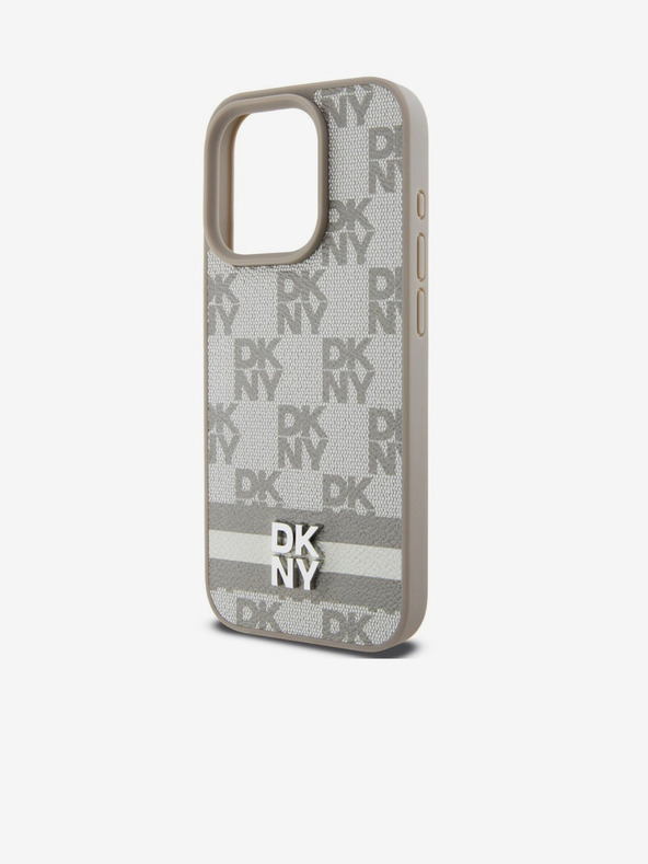 DKNY Заден капак от PU кожа с кариран десен и райе за iPhone 14 Pro Beige DKNY