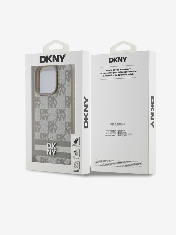 DKNY Заден капак от PU кожа с кариран десен и райе за iPhone 14 Pro Beige DKNY