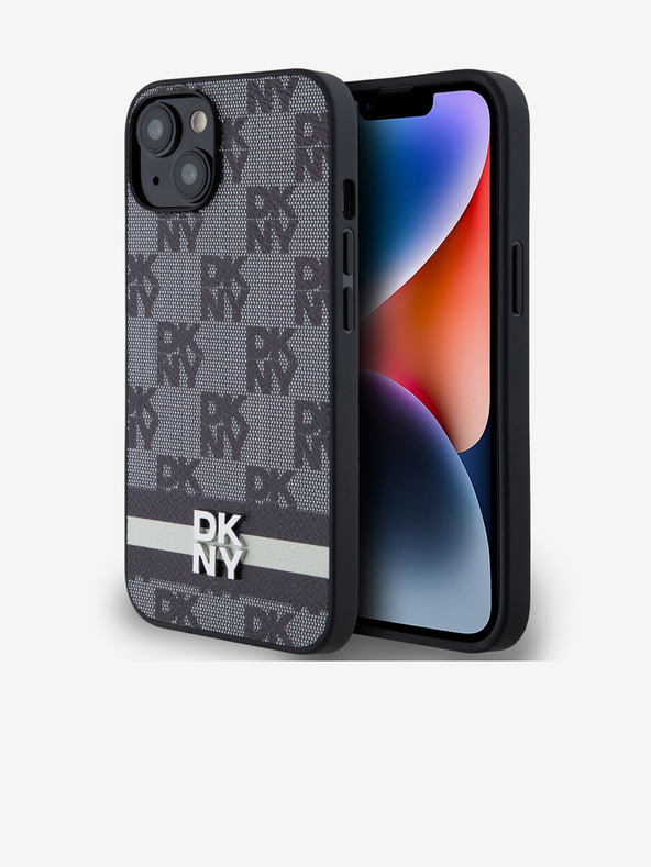 DKNY Заден капак от PU кожа с кариран десен и райе за iPhone 13 черен DKNY