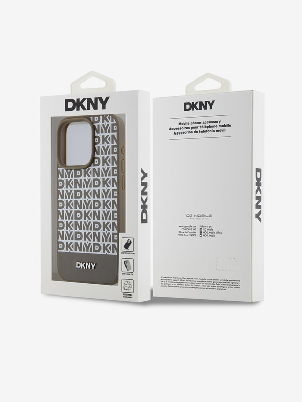 DKNY PU Кожа Повтарящ се модел на дъното Stripe MagSafe заден капак за iPhone 14 Pro Max Brown DKNY