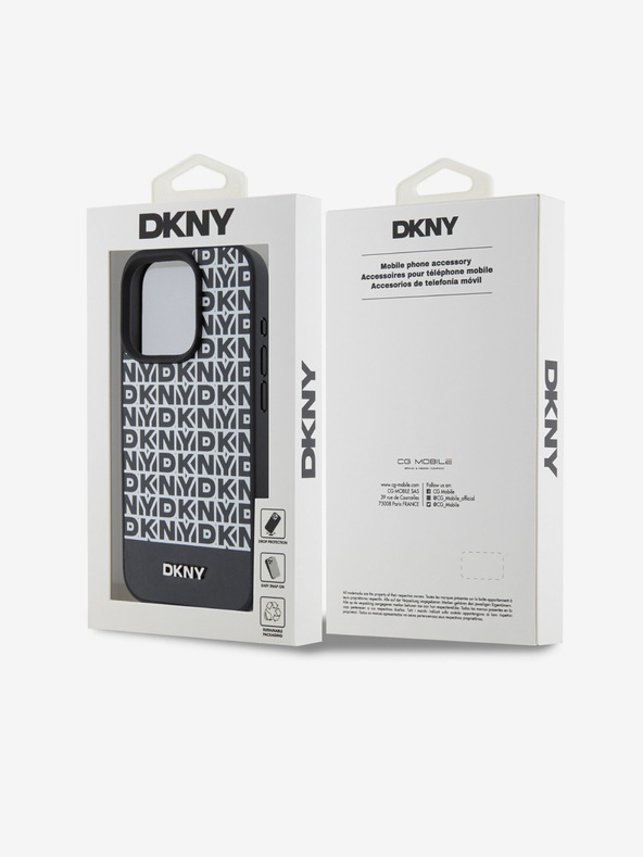 DKNY PU Кожа Повтарящ се модел на дъното Stripe MagSafe заден капак за iPhone 13 Pro Max Black DKNY