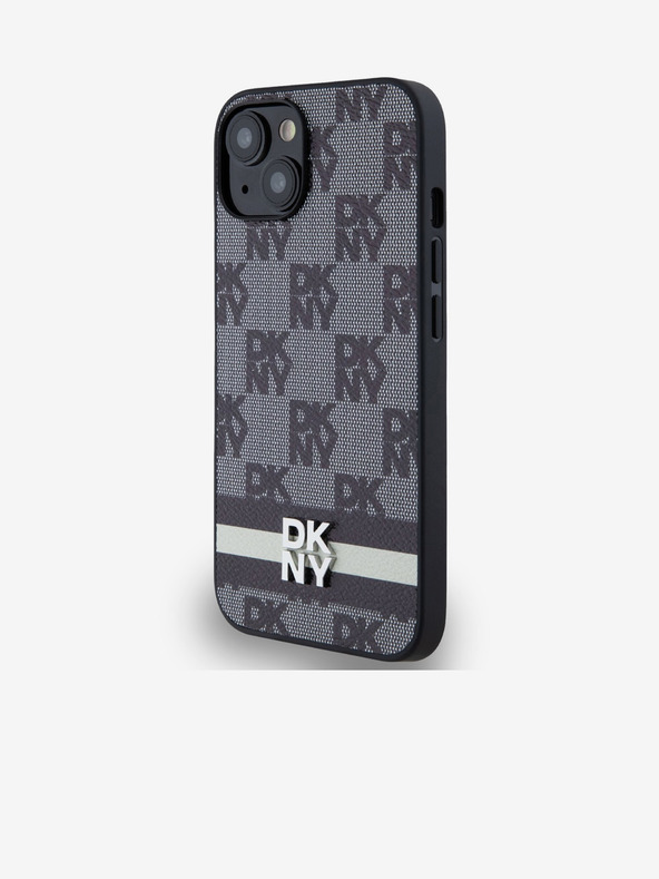 DKNY Заден капак от PU кожа с кариран десен и райе за iPhone 14 черен DKNY
