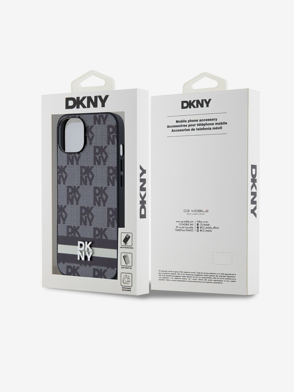 DKNY Заден капак от PU кожа с кариран десен и райе за iPhone 14 черен DKNY
