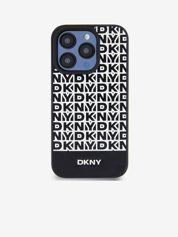 DKNY PU кожа Повтарящ се модел на дъното Stripe MagSafe заден капак за iPhone 15 Pro Black DKNY