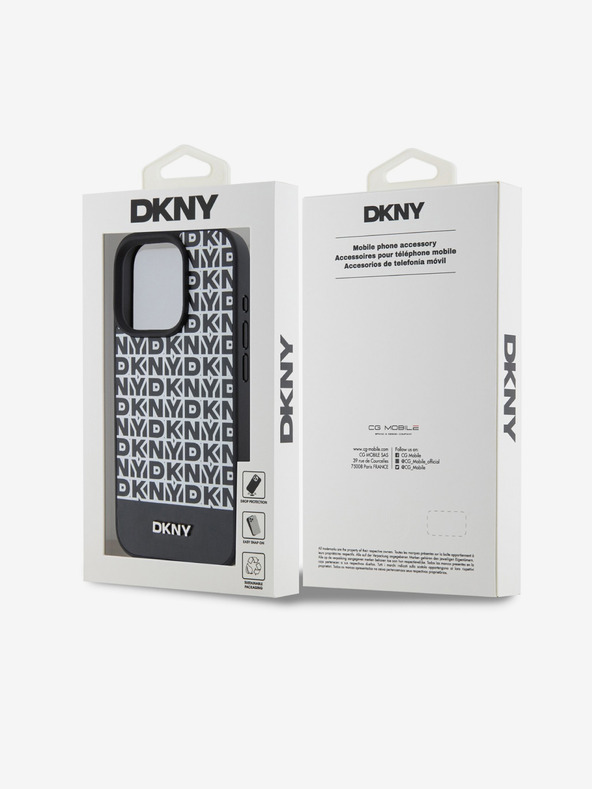 DKNY PU кожа Повтарящ се модел на дъното Stripe MagSafe заден капак за iPhone 15 Pro Black DKNY