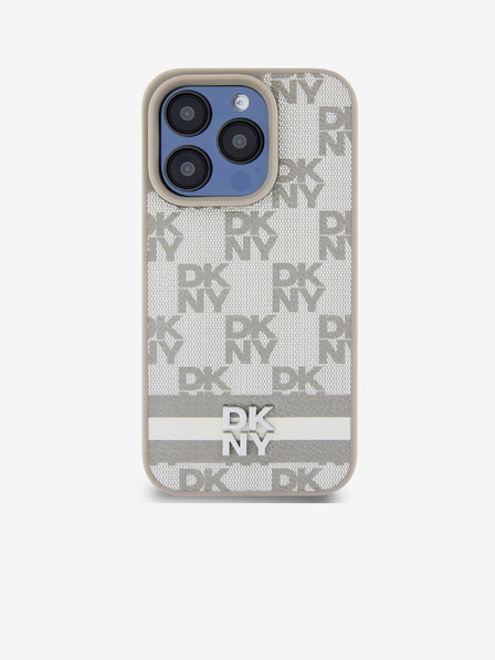 DKNY Заден капак от карирана кожа с шарка и райе за iPhone 13 Pro Beige DKNY