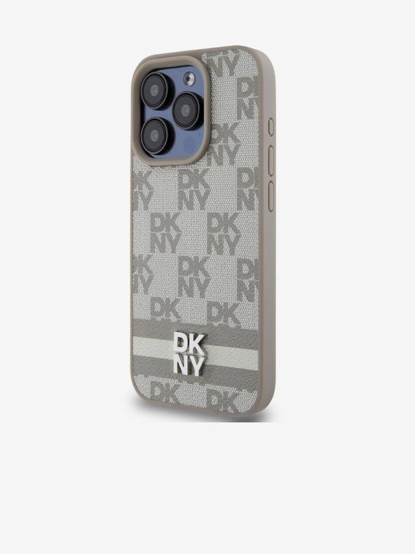 DKNY Заден капак от карирана кожа с шарка и райе за iPhone 13 Pro Beige DKNY