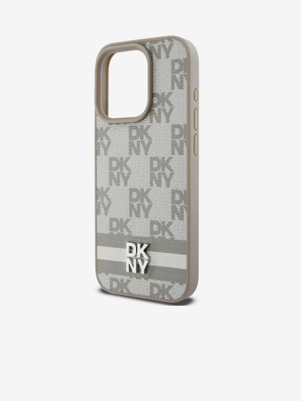 DKNY Заден капак от карирана кожа с шарка и райе за iPhone 13 Pro Beige DKNY
